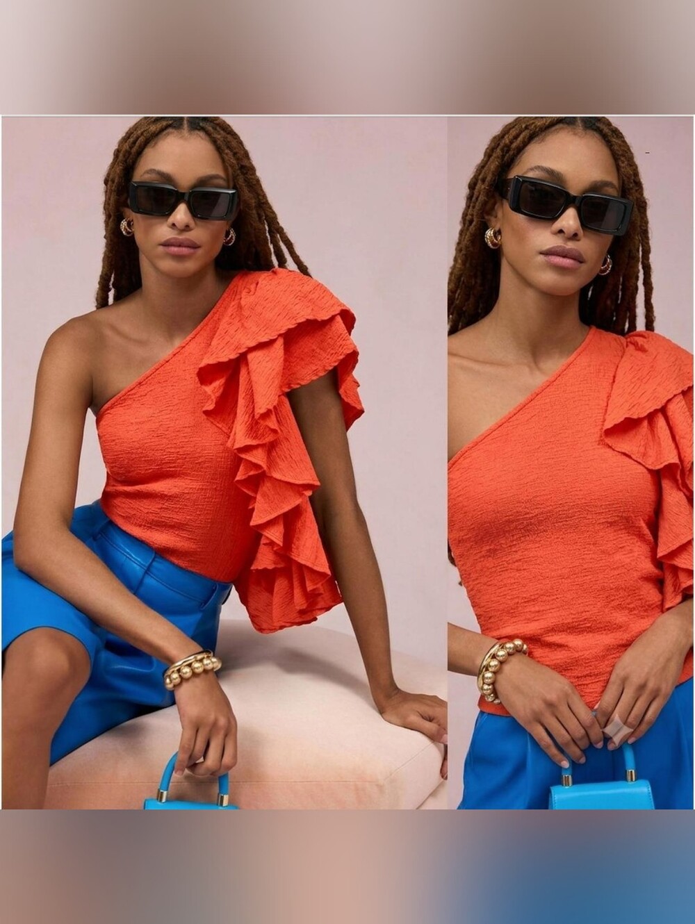 Anthropologie orange one-shoulder ruffle top Size Small